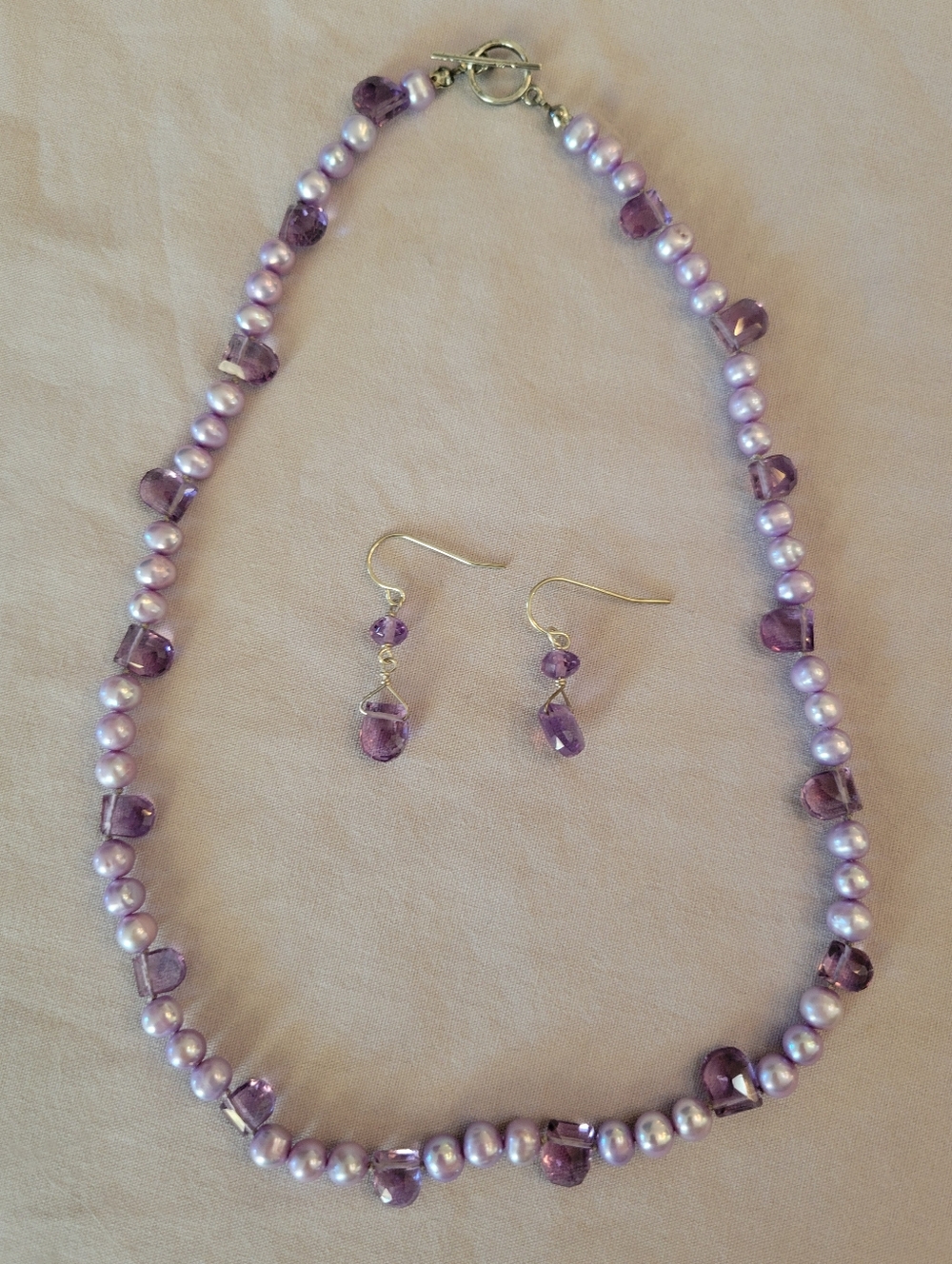 Lavender Pearl & Amethyst Bead Necklace and Earrings Set